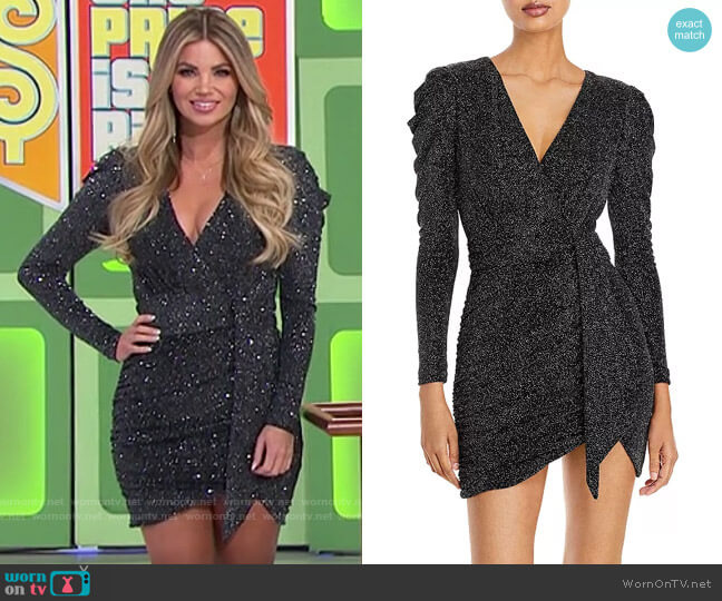 Aqua Metallic Faux Wrap Dress worn by Amber Lancaster  on The Price is Right