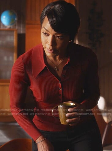 Athena’s red ribbed polo top on 9-1-1