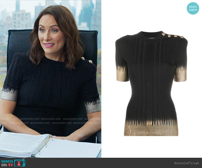 Balmain Button-embellished Dip-dye Knit Top worn by Quinn (Laura Benanti) on Younger