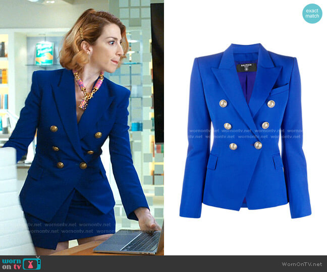 WornOnTV: Lauren’s blue double breasted blazer and skirt with pockets ...