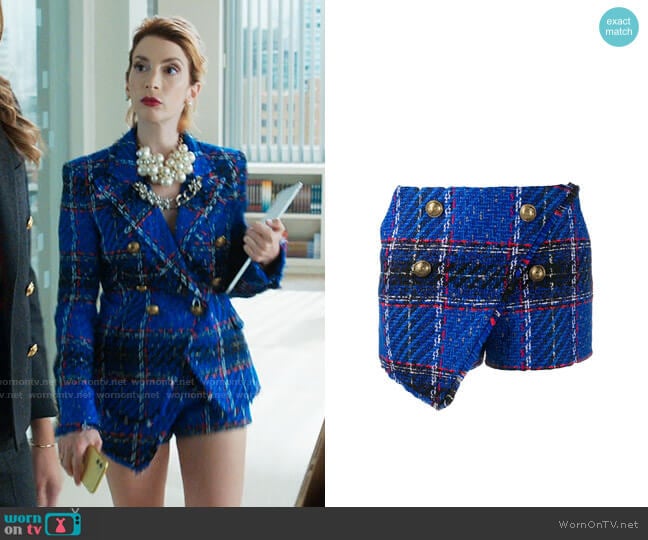 Balmain Tartan Check Tweed Shorts worn by Lauren (Molly Bernard) on Younger