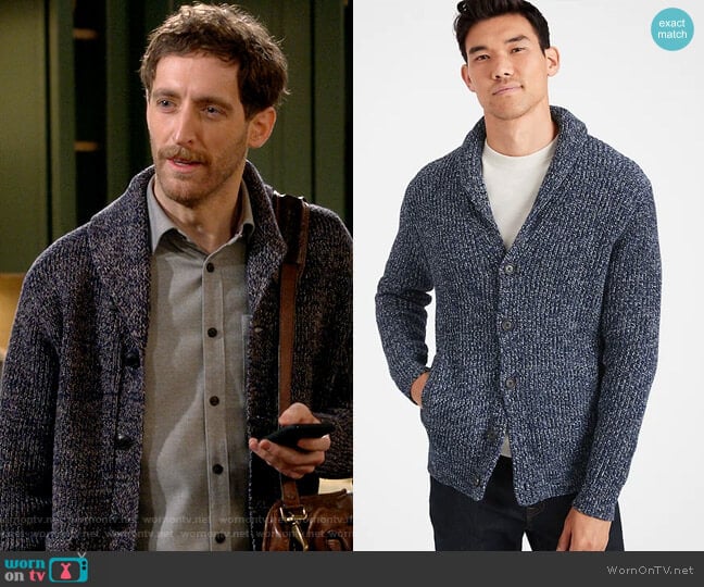 Banana Republic Shawl-Collar Cardigan Sweater worn by Drew Dunbar (Thomas Middleditch) on B Positive