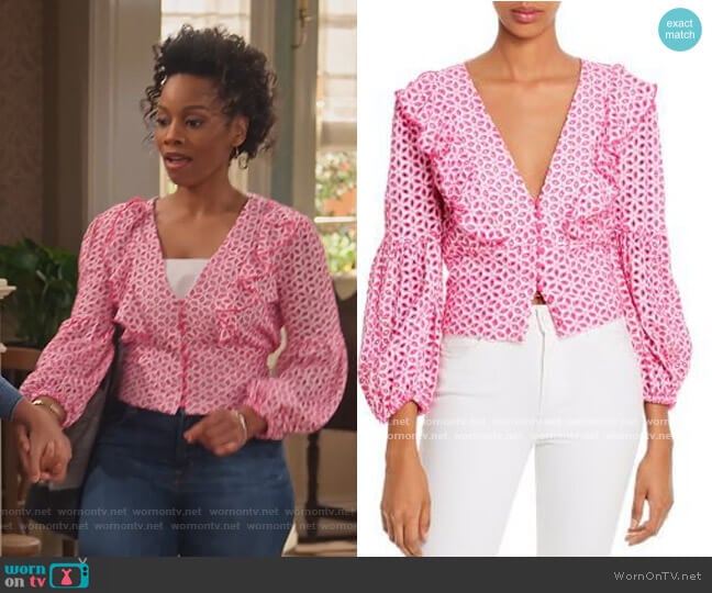 WornOnTV: Miss Karen’s pink floral ruffle top on Family Reunion ...