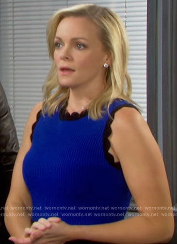 Belle's blue and black scalloped trim dress on Days of our Lives