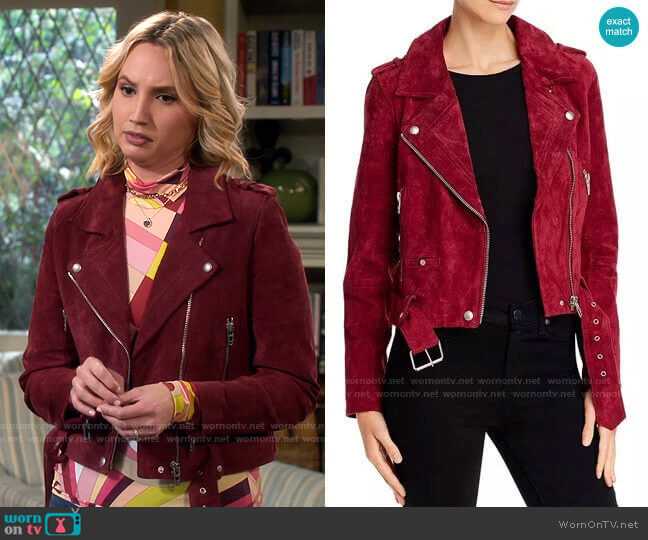 Blank NYC Suede Moto Jacket in Rich Berry worn by Mandy Baxter (Molly McCook) on Last Man Standing
