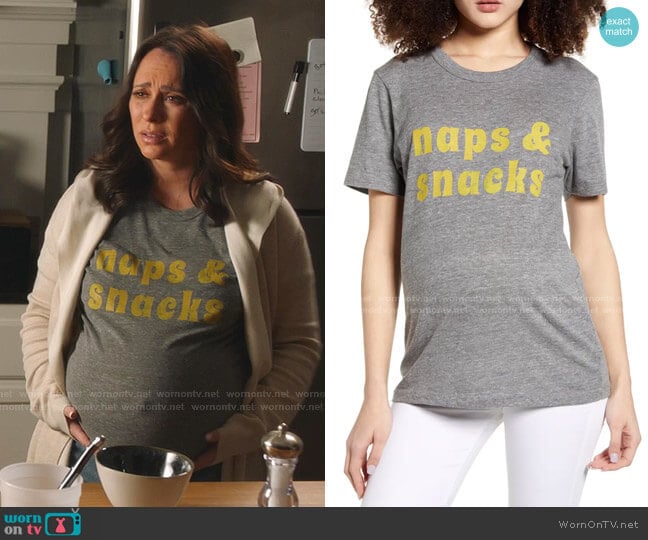 Naps & Snacks Maternity Graphic Tee by Bun Maternity worn by Maddie Kendall (Jennifer Love Hewitt) on 9-1-1