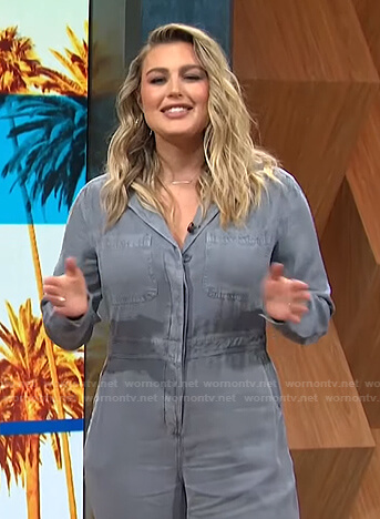 Carissa's grey utility jumpsuit on E! News Daily Pop