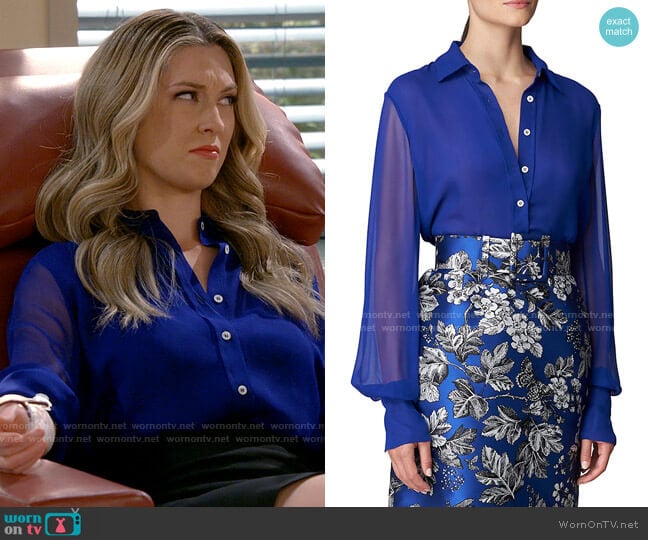 Carolina Herrera Sheer-Sleeve Silk Button Down Shirt worn by Samantha (Briga Heelan) on B Positive