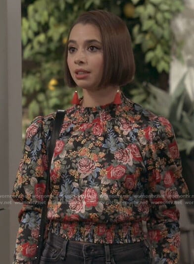 Celia’s floral smocked waist top on Call Your Mother