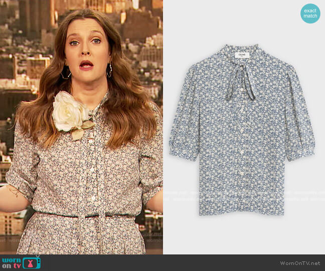 Blouse with Bow in Printed Silk Crepon by Celine worn by Drew Barrymore on The Drew Barrymore Show