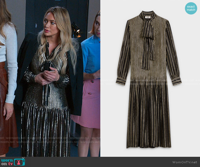 Long Pleated Dress with Lavalliere Collar Silk and Lurex by Celine worn by Kelsey Peters (Hilary Duff) on Younger