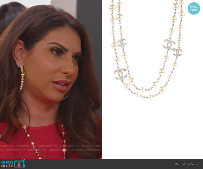 Graduated Pearl Crystal Twisted CC Long Necklace by Chanel worn by Jennifer Aydin  on The Real Housewives of New Jersey