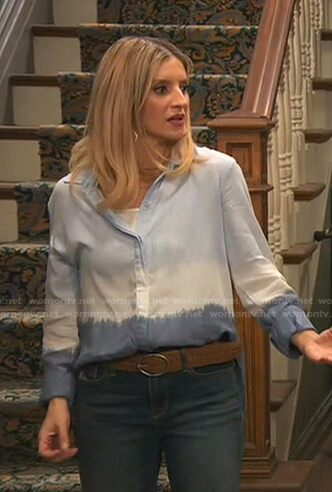 Chelsea's blue dip dye shirt and patchwork jeans on Ravens Home