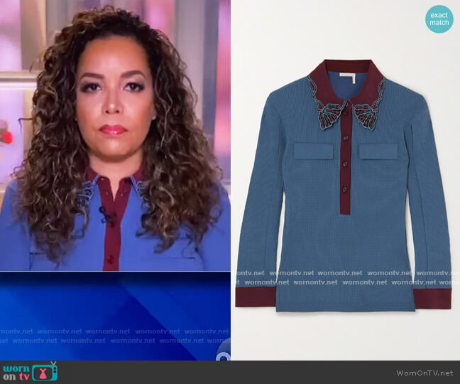 Embroidered ribbed cotton polo shirt by Chloe worn by Sunny Hostin on The View