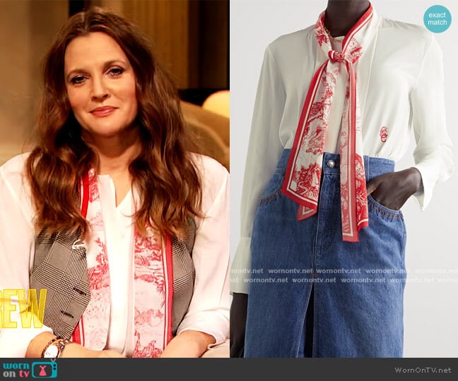 Printed tie-neck silk crepe de chine blouse worn by Drew Barrymore on The Drew Barrymore Show