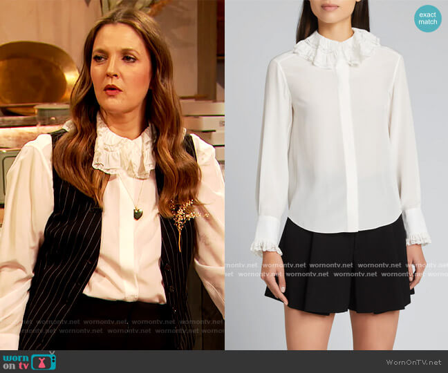 Ruffled lace-trimmed embroidered silk blouse by Chloe worn by Drew Barrymore on The Drew Barrymore Show