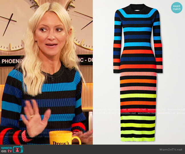 Open-back striped ribbed-knit midi dress by Christopher John Rogers worn by Zanna Roberts on Drew Barrymore Show worn by Drew Barrymore on The Drew Barrymore Show