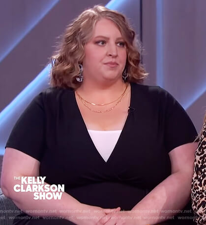 Christy Oxborrow’s black wrap jumpsuit on The Kelly Clarkson Show