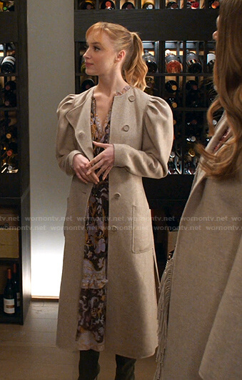 Clare’s floral dress and puff sleeve coat on Younger