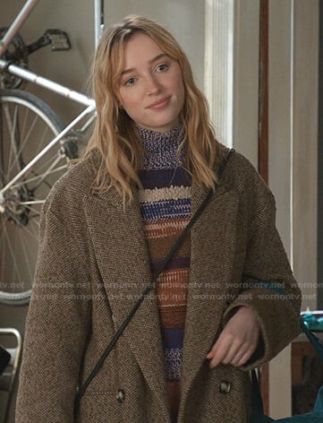 Clare's striped turtleneck sweater and brown herringbone coat on Younger