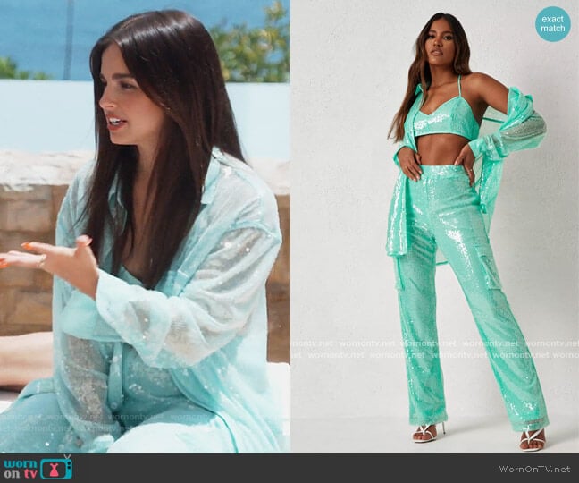 Dani Michelle x Turquoise Sequin Shirtdress Pants and Bralette by Missguided worn by Addison Rae on Keeping up with the Kardashians