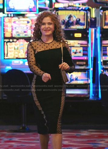 Deb's black polka dot mesh panel dress on Zoeys Extraordinary Playlist