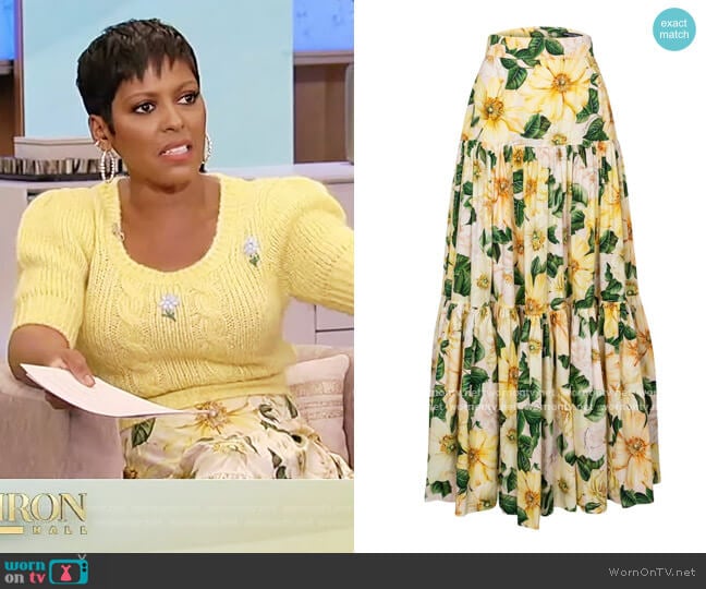 Camellia-Print Cotton Tiered Maxi Skirt by Dolce and Gabbana worn by Tamron Hall on Tamron Hall Show