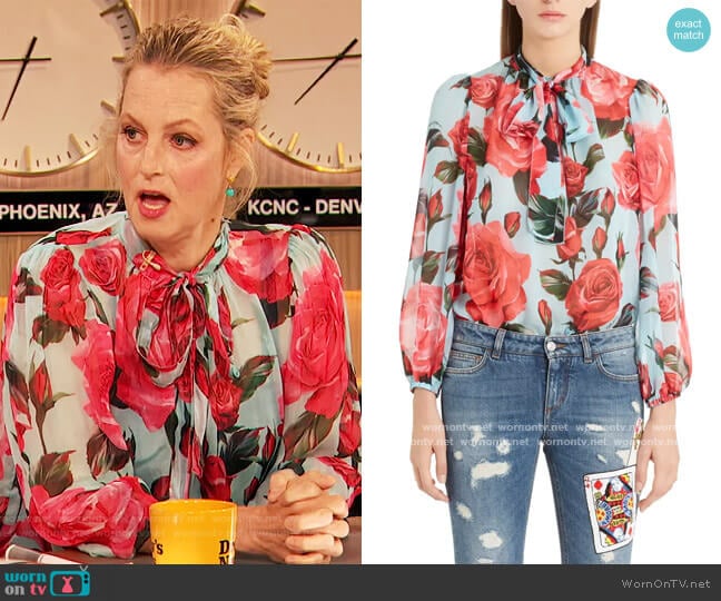 Sheer Rose Print Silk Chiffon Blouse by Dolce & Gabbana worn by Ali Wentworth on The Drew Barrymore Show