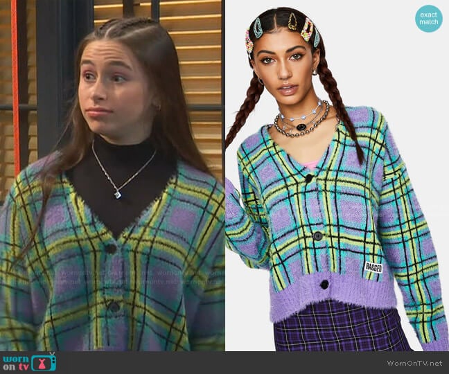 Goof Fuzzy Plaid Cardigan by The Ragged Priest worn by Tess O'Malley (Sky Katz) on Ravens Home