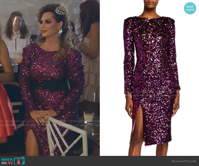 Natalie Sequined Thigh-Slit Dress by Dress The Population worn by D’Andra Simmons on The Real Housewives of Dallas