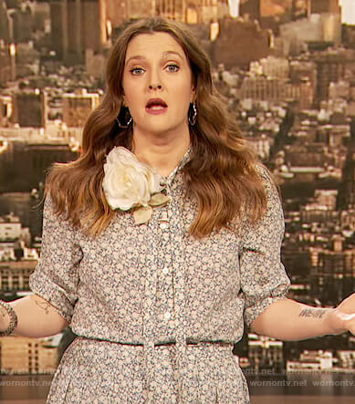 Drew’s blue floral tie neck blouse and skirt on The Drew Barrymore Show