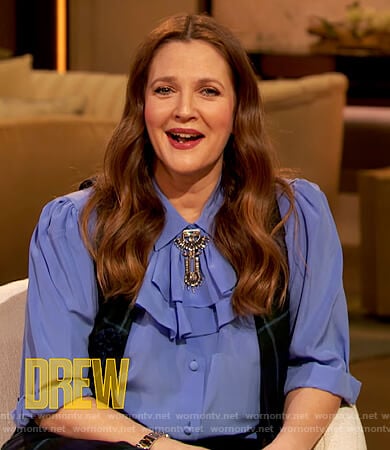 Drew’s blue ruffle neck blouse on The Drew Barrymore Show