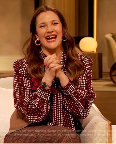 Drew’s red dotted tie neck blouse on The Drew Barrymore Show