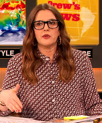 Drew’s burgundy printed blouse and skirt on The Drew Barrymore Show