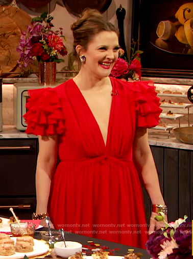 Drew's red ruffled shoulder dress on The Drew Barrymore Show