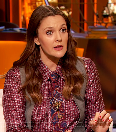 Drew’s red geometric print shirt on The Drew Barrymore Show