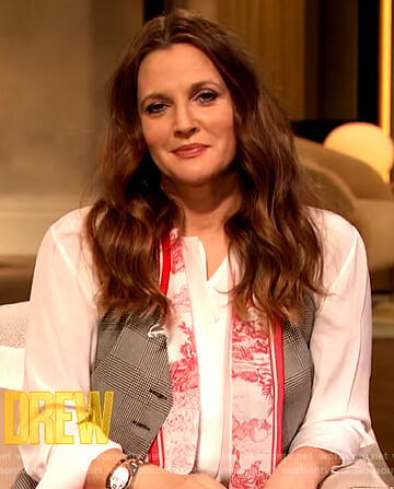 Drew’s white contrast scarf blouse on The Drew Barrymore Show