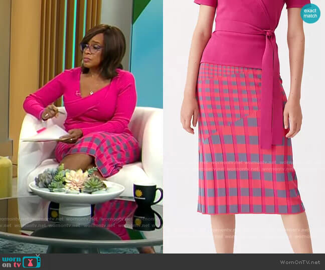 DVF Rosa Skirt in Pink Gray Gingham worn by Gayle King on CBS Mornings