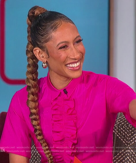 Elaine's pink ruffle front shirtdress on The Talk