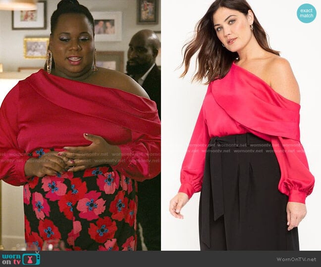 Off the Shoulder Draped Blouse by Eloquii worn by Mo (Alex Newell) on Zoeys Extraordinary Playlist