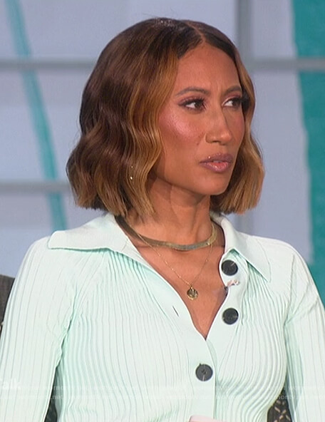 Elaine’s mint ribbed cardigan and pants on The Talk