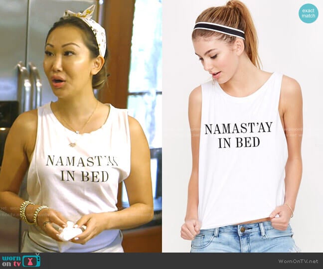 Namast'ay In Bed Muscle Tee by Emi Jay worn by Tiffany Moon on The Real Housewives of Dallas