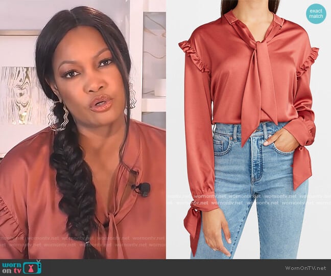 Satin Ruffle Tie Neck Top by Express worn by Garcelle Beauvais on The Real