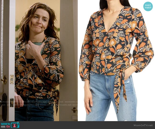 Faherty Seraphina Floral Twill Wrap Blouse worn by Amelia Shepherd (Caterina Scorsone) on Greys Anatomy