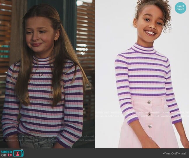 Ribbed Knit Sweater with Stripe Pattern by Forever 21 worn by Anna-Kat Otto (Giselle Eisenberg) on American Housewife