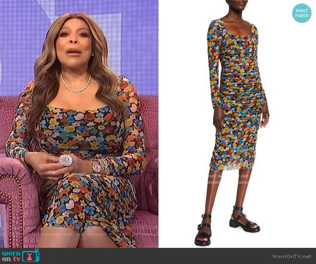 Floral-Print Long-Sleeve Shirred Mesh Dress by Ganni worn by Wendy Williams on The Wendy Williams Show