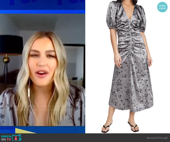 Floral Ruched Stretch Silk Satin Dress by Ganni worn by Carissa Loethen Culiner on E! News