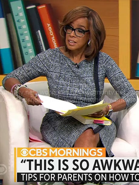 Gayle’s plaid dress with contrasting stripe on CBS This Morning