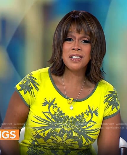 Gayle King’s yellow tropical print dress on CBS Mornings