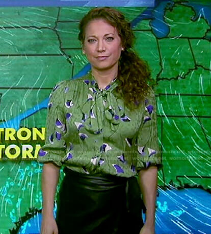 Ginger’s green floral tie neck blouse on Good Morning America